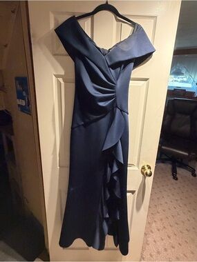 Xscape Navy One-Shoulder Ruffle Evening Gown